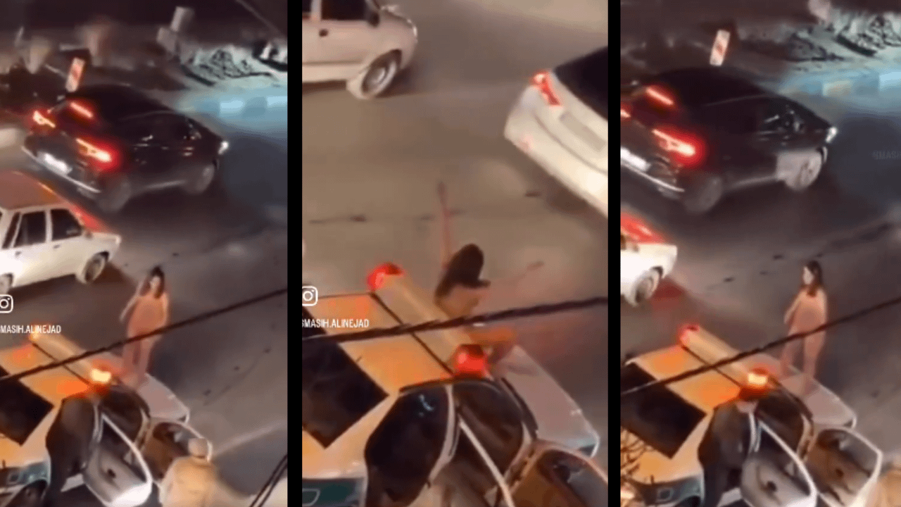 Iranian woman protests hijab laws by stripping naked and jumping on police car