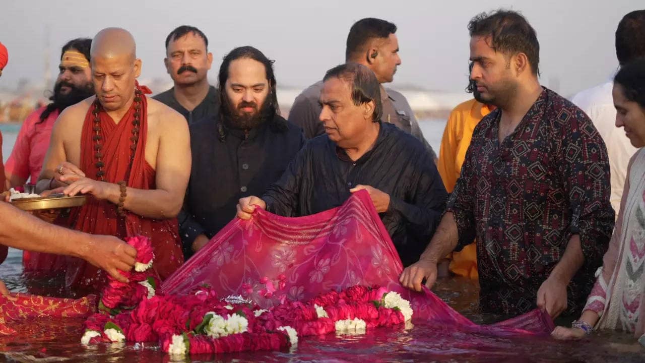 Reliance chairman Mukesh Ambani takes Holy Dip at Maha Kumbh